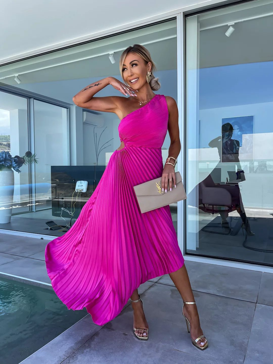 Ella | One-Shoulder Pleated Midi Dress