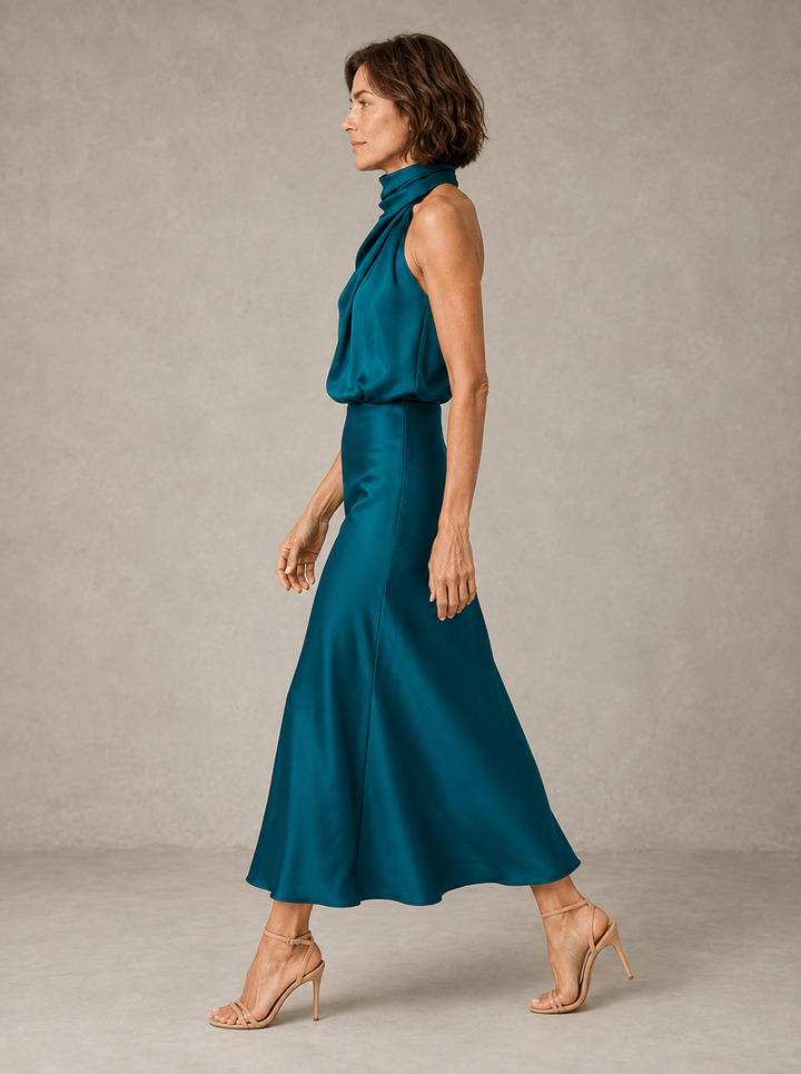 Sabine | Teal Satin Draped Halter-Neck Midi Dress
