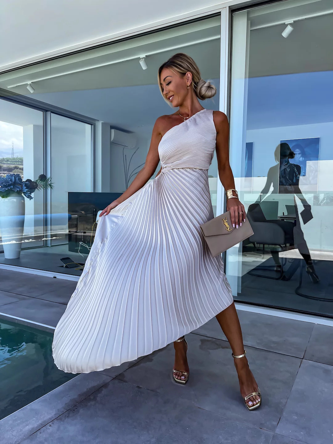 Ella | One-Shoulder Pleated Midi Dress