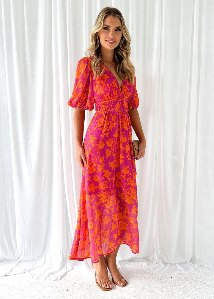 Katty | Floral Midi Dress with Puff Sleeves and V-Neck