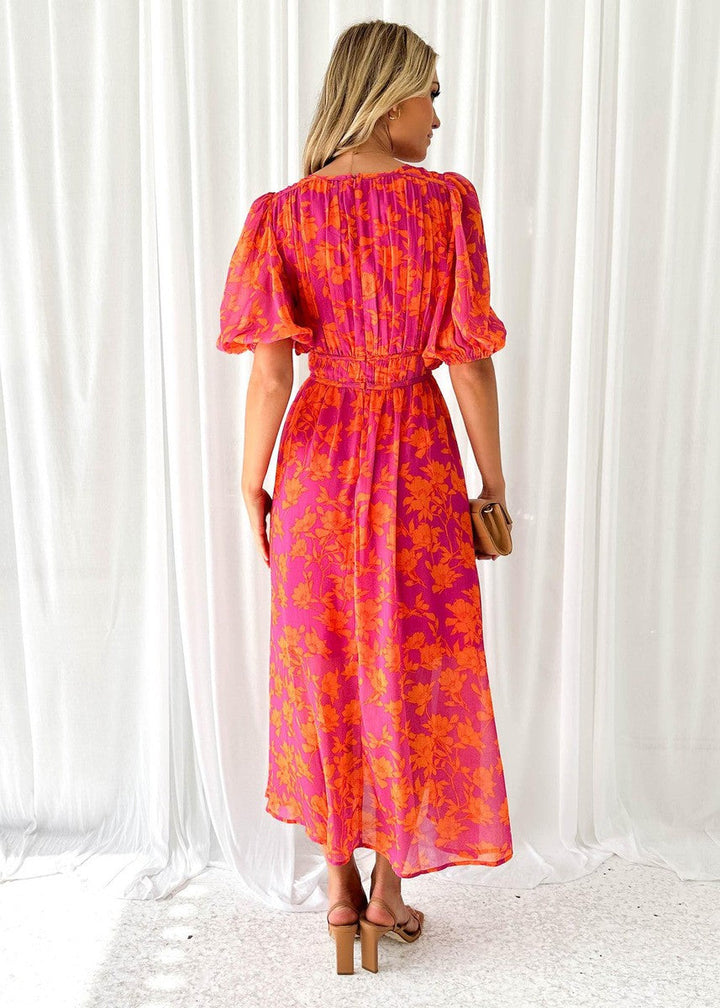 Katty | Floral Midi Dress with Puff Sleeves and V-Neck