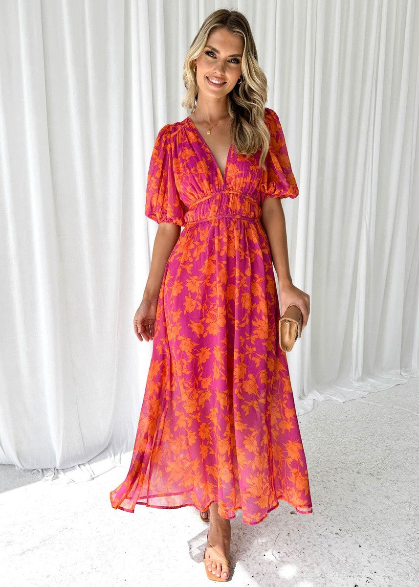 Katty | Floral Midi Dress with Puff Sleeves and V-Neck