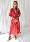 Katty | Floral Midi Dress with Puff Sleeves and V-Neck