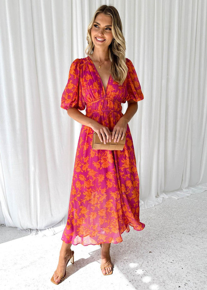 Katty | Floral Midi Dress with Puff Sleeves and V-Neck
