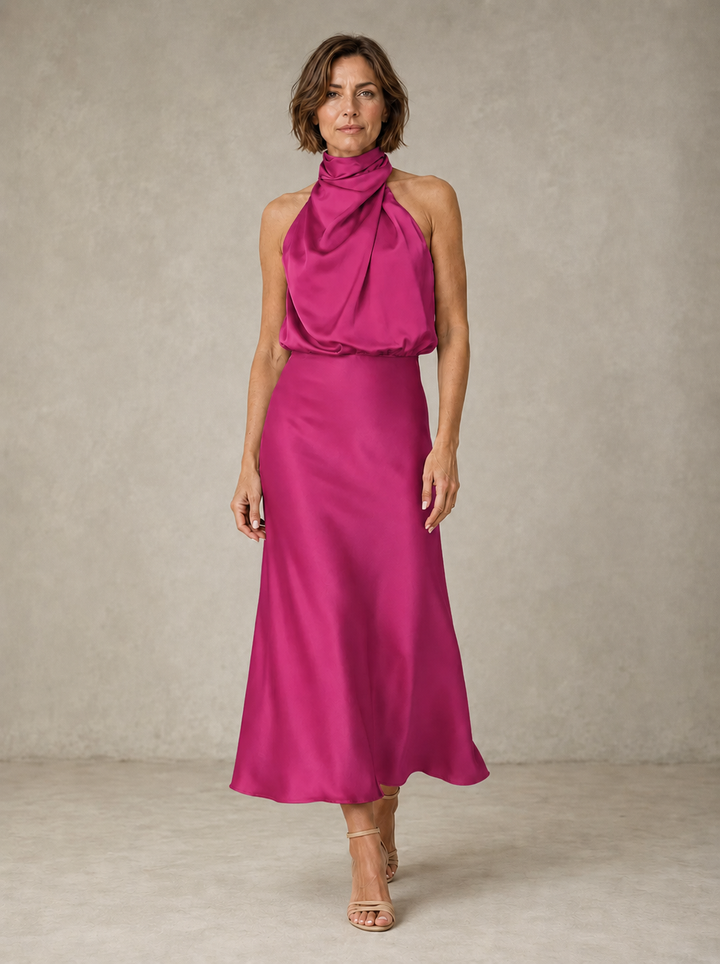 Sabine | Teal Satin Draped Halter-Neck Midi Dress