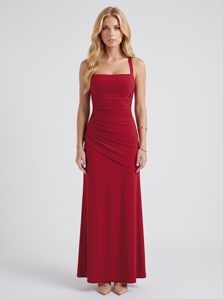 Charlotte Ruched Maxi Dress in Burgundy