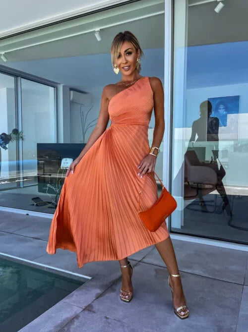 Ella | One-Shoulder Pleated Midi Dress